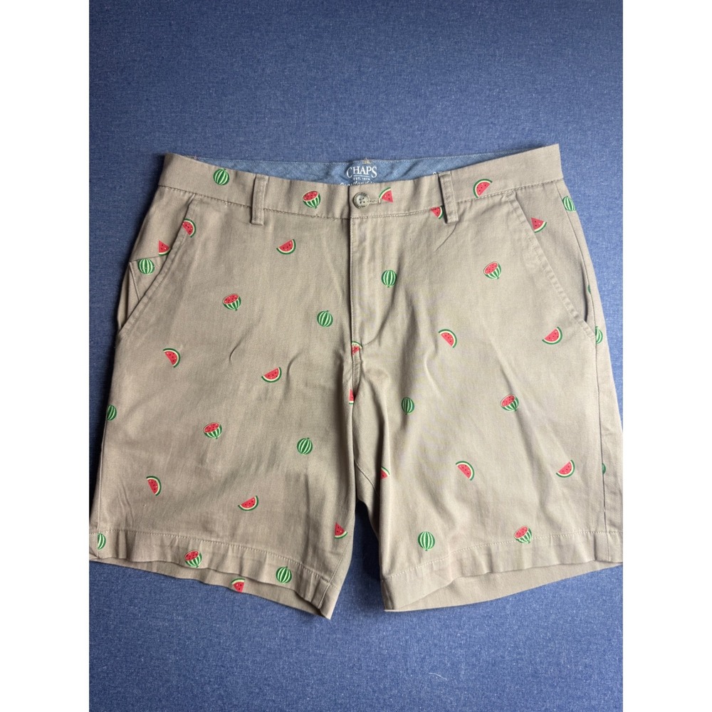 Chaps Mens Khaki Watermelon Embroidered Stretch Shorts Size 34 Coastland tan